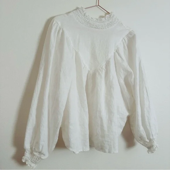 DISSH Linen Blouse Top White High Neck Long Sleeve Boho - Picture 9 of 12